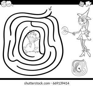 Black and White Cartoon Vector Illustration of Education Maze or Labyrinth Game for Children with Witch and Prince Frog Coloring Page