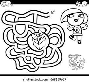 Black and White Cartoon Vector Illustration of Education Maze or Labyrinth Game for Children with Little Girl and Gift Coloring Page