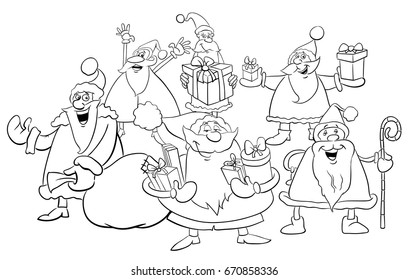 Black and White Cartoon Vector Illustration of Santa Characters Group on Christmas Time Coloring Book