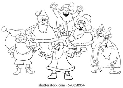 Black and White Cartoon Vector Illustration of Santa Claus Christmas Characters Group Coloring Book