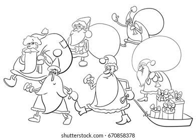 Black and White Cartoon Vector Illustration of Santa Claus Characters Group on Christmas Time Coloring Book