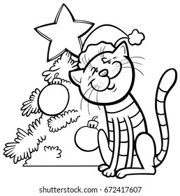 Black and White Cartoon Vector Illustration of Cat Animal Character with Christmas Tree Coloring Book