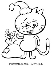 Black and White Cartoon Vector Illustration of Cat or Kitten Animal Character with Sack of Presents on Christmas Time Coloring Book