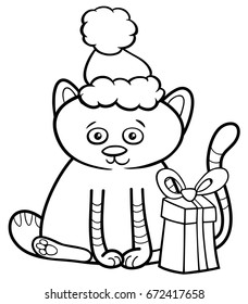 Black and White Cartoon Vector Illustration of Cat or Kitten Animal Character with Present on Christmas Time Coloring Book