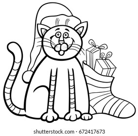 Black and White Cartoon Vector Illustration of Cat or Kitten Animal Character and Christmas Sock with Presents Coloring Book