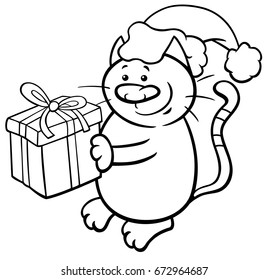 Black and White Cartoon Vector Illustration of Cat or Kitten Animal Character with Christmas Gift Coloring Book