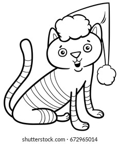 Black and White Cartoon Vector Illustration of Cat or Kitten Animal Character on Christmas Time Coloring Book