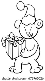 Black and White Cartoon Vector Illustration of Bear or Teddy Animal Character with Present on Christmas Time Coloring Book