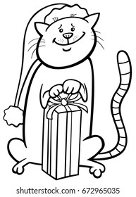 Black and White Cartoon Vector Illustration of Cat or Kitten Animal Character with Christmas Present Coloring Book