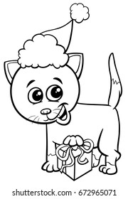 Black and White Cartoon Vector Illustration of Kitten Animal Character with Present on Christmas Time Coloring Book