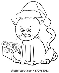 Black and White Cartoon Vector Illustration of Cat or Kitten Animal Character with Gift on Christmas Time Coloring Book