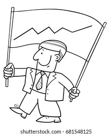 Black and White Cartoon Vector Illustration of Man or Businessman Character Holding Banner with Chart