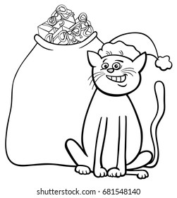 Black and White Cartoon Vector Illustration of Cat or Kitten Animal Character with Sack of Christmas Gifts Coloring Book