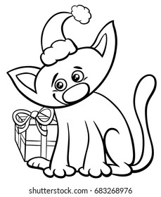 Black and White Cartoon Vector Illustration of Cat or Kitten Animal Character with Christmas Present Coloring Book