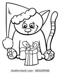 Black and White Cartoon Vector Illustration of Cat or Kitten Funny Animal Character with Christmas Present Coloring Book