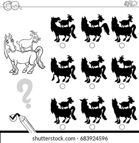 Black and White Cartoon Vector Illustration of Finding the Shadow without Differences Educational Activity for Children with Horse and Goat Farm Animal Characters Coloring Page