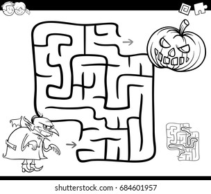 Schwarz-Weiß-Cartoon-Vektorgrafik von Education Maze oder Labyrinth Game für Kinder mit Halloween-Zeichentrickseiten