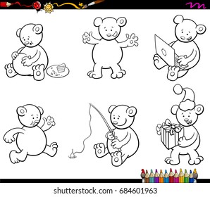 Black and White Cartoon Vector Illustration of Bear Animal Characters Humorous Set Coloring Page