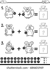 Black and White Cartoon Vector Illustration of Educational Mathematical Addition Activity Game for Children with Animal Characters Coloring Page