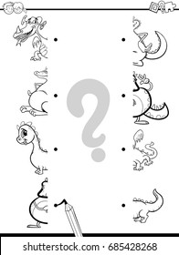Black and White Cartoon Vector Illustration of Educational Game of Matching Halves with Fantasy Dragons or Monster Characters Coloring Page