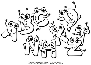 Black and White Cartoon Vector Illustration of Funny Capital Letter Characters Alphabet Group for Children Education Coloring Book