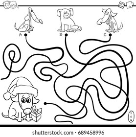 Black and White Cartoon Vector Illustration of Paths or Maze Puzzle Activity Game with Dog Animal Characters on Christmas Time Coloring Page