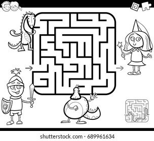 Black and White Cartoon Vector Illustration of Education Maze or Labyrinth Game for Children with Fantasy Characters Coloring Page