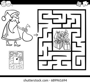 Black and White Cartoon Vector Illustration of Education Maze or Labyrinth Game for Children with Christmas Santa Claus Coloring Page