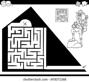 Black and White Cartoon Vector Illustration of Education Maze or Labyrinth Game for Children with Traveler and Pyramid Coloring Page