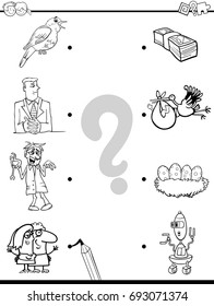 Black and White Cartoon Vector Illustration of Education Pictures Matching Game for Children with People and Animals and Objects Coloring Book