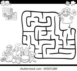 Black and White Cartoon Vector Illustration of Education Maze or Labyrinth Game for Children with Little Girl and Sweets Coloring Page