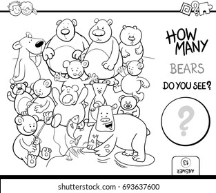 Black and White Cartoon Vector Illustration of Educational Counting Activity Game for Children with Bear Animal Characters Coloring Page