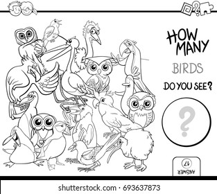 Black and White Cartoon Vector Illustration of Educational Counting Activity Game for Children with Bird Characters Coloring Page