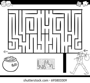 Black and White Cartoon Vector Illustration of Education Maze or Labyrinth Game for Children with Wanderer Fantasy Character and Treasure Coloring Page
