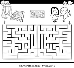 Black and White Cartoon Vector Illustration of Education Maze or Labyrinth Game for Children with Children Characters and Playground Coloring Page