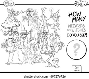 Black and White Cartoon Vector Illustration of Educational Counting Activity Game for Children with Wizards and Witches Fantasy Characters Coloring Page