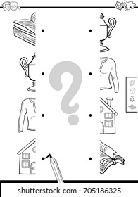 Black and White Cartoon Vector Illustration of Educational Game of Matching Halves with Objects Coloring Page