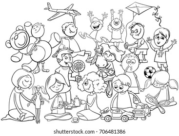 Black and White Cartoon Vector Illustration of Children Characters Group Playing with Toys Coloring Book