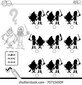 Black and White Cartoon Vector Illustration of Finding the Shadow without Differences Educational Activity for Children with Two Pirates Characters Coloring Book