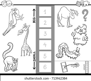 Black and White Cartoon Vector Illustration of Educational Activity Game of Finding the Biggest and the Smallest Animal Creature Coloring Book