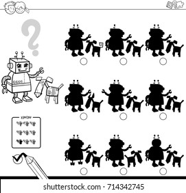 Black and White Cartoon Vector Illustration of Finding the Shadow without Differences Educational Activity for Children with Two Robotic Characters Coloring Book