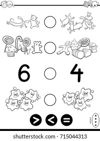 Black and White Cartoon Vector Illustration of Educational Mathematical Activity Game of Greater Than, Less Than or Equal to for Children Coloring Book