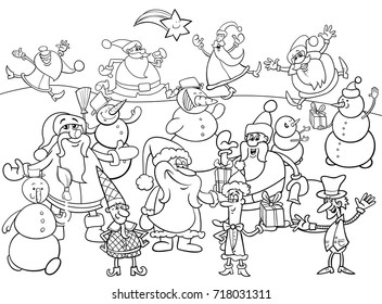 Black and White Cartoon Vector Illustration of Santa Claus and Christmas Characters Group Coloring Book