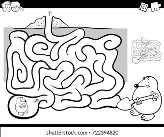 Black and White Cartoon Vector Illustration of Education Maze or Labyrinth Activity Game for Children with Mole Animal Character Coloring Page