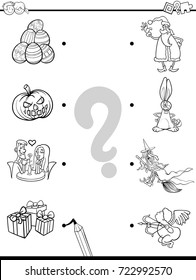 Black and White Cartoon Vector Illustration of Educational Pictures Matching Game for Children with Holidays Characters and Objects Coloring Book