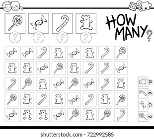 Black and White Cartoon Vector Illustration of Educational How Many Counting Game for Children with Candy Sweets Coloring Book