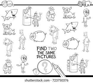 Black and White Cartoon Vector Illustration of Finding Two Identical Pictures Educational Activity Game for Children with Funny Characters Coloring Book