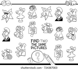 Black and White Cartoon Vector Illustration of Finding Two Identical Pictures Educational Activity Game for Children with Dog Characters Coloring Book