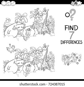 Vector de dibujos en blanco y negro Ilustración de la búsqueda de diferencias entre imágenes juego de actividades educativas para niños con personajes de animales Safari Grupo de colorantes de libros