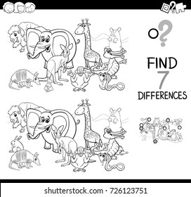 Black and White Cartoon Vector Illustration of Searching Differences Between Pictures Educational Activity Game for Children with Wild Animal Characters Group Coloring Book